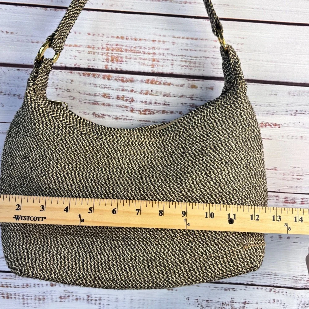 Orvis Woven Straw Hobo Shoulder Bag Black Tan Paper Blend Top Zip 1004564‎ 1P5